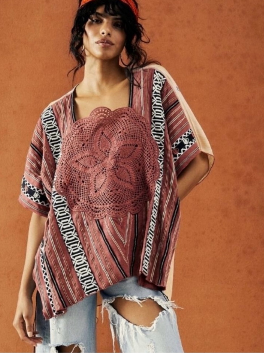 Free People Striped Crochet-Applique Tunic in Rust and Black